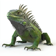 Fototapeta premium Large green iguana with spiky scales along its back, placed on a bright white background