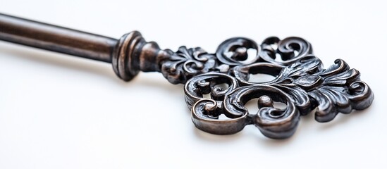 Ornate bronze key on white; decorative, symbolic; design element