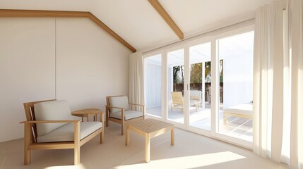 Fototapeta premium Bright Minimalist Living Room with Wooden Chairs and Sunlight