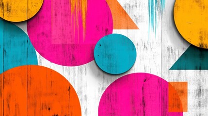 Colorful Abstract Shapes on Textured Wooden Background Design