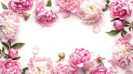 Frame made of Elegant Pink Peonies Bordering White Background with copy space, wedding invitation card, mothers day