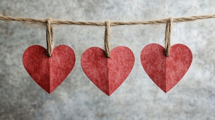 Three red paper hearts hang on a twine string against a textured gray background, symbolizing love and affection.