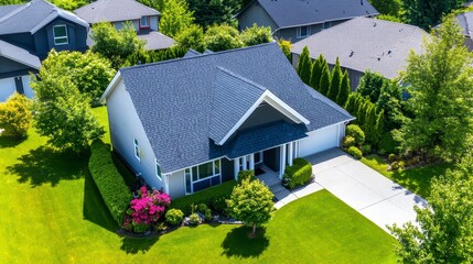 Beautiful Aerial View of Modern Home Surrounded by Lush Garden