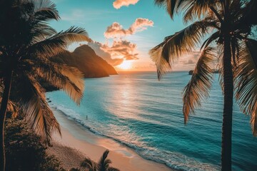 Naklejka premium Tropical sunset beach paradise, ocean view, palm trees, calm waves, travel postcard