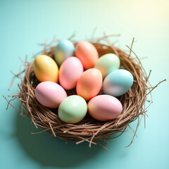 Obraz premium Pastel-colored Easter eggs in a nest on a solid blue background.