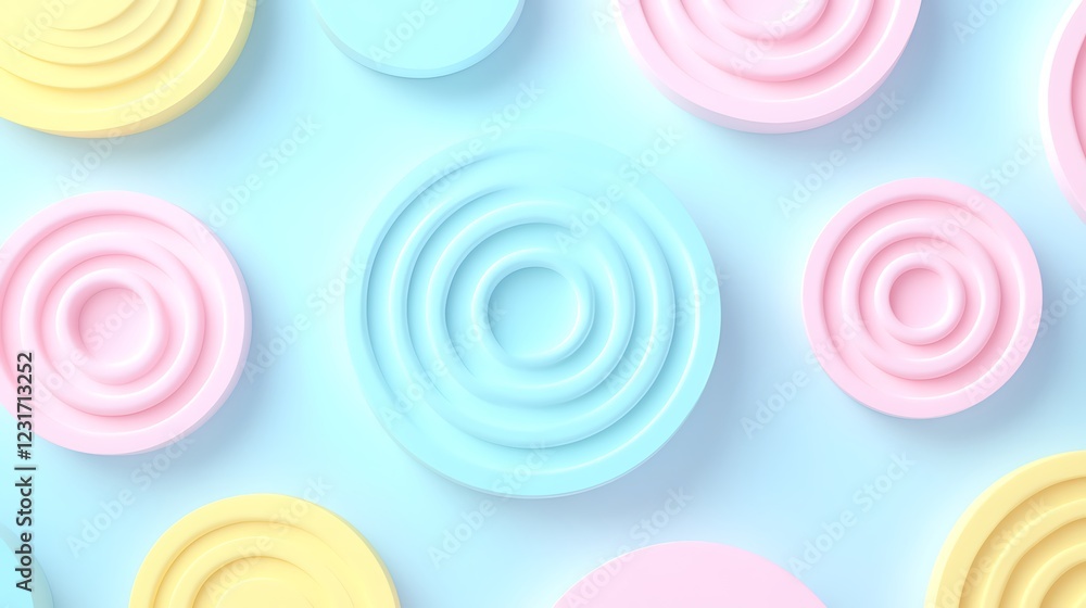 Poster colorful pastel circular patterns on a soft blue background for creative design and art projects