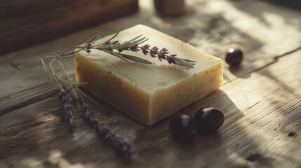 Handmade Olive Oil Soap with Lavender and Herbs on Wooden Surface