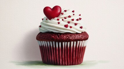 A delicious red velvet cupcake topped with creamy white frosting and adorned with heart-shaped sprinkles.