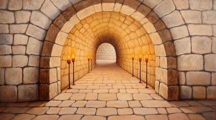 Stone Archway Tunnel with Lit Torches and Brick Walls