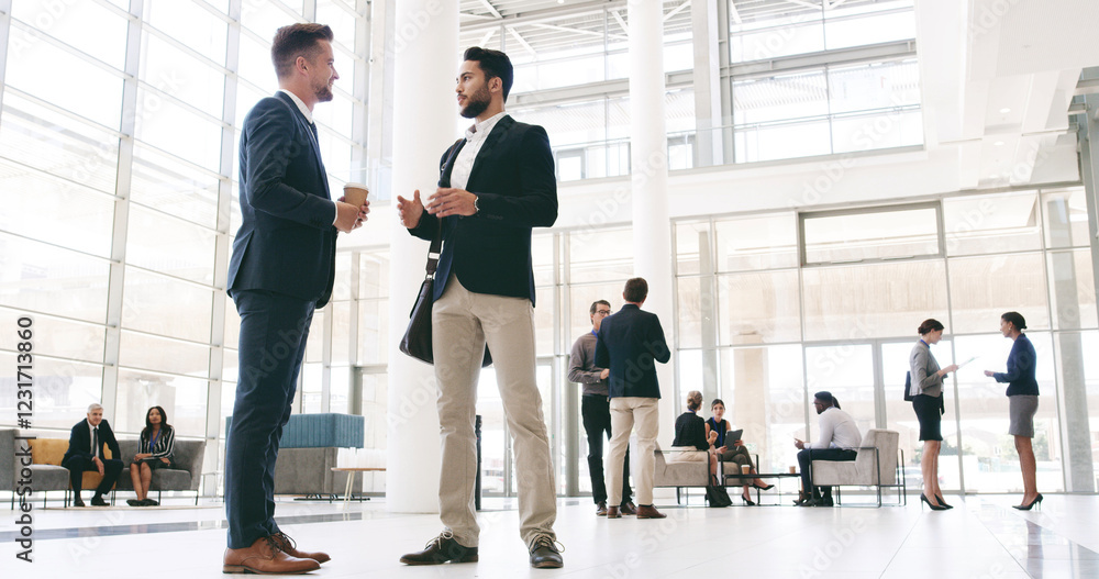Poster business, men and networking event in office for b2b collaboration, financial expo and startup ideas