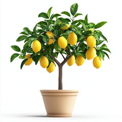 Lemon tree in a pot with bright yellow fruits, centered on a clean white background