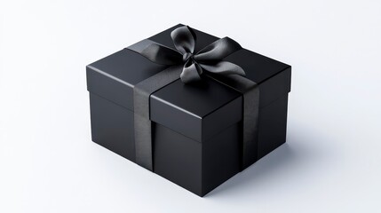 Elegant Black Gift Box with Satin Ribbon on White Background