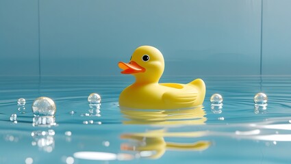 Yellow rubber duck floats in blue water with bubbles, casting a reflection and creating a playful, clean, and simple scene.