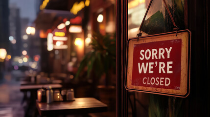 Closed sign on coffee shop door. Text on cafe front or restaurant hang on door at entrance, vintage tone style.