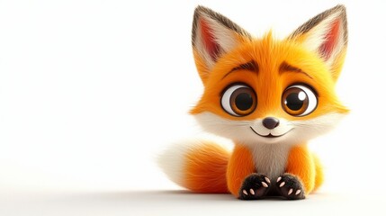 Fototapeta premium Cute cartoon fox sitting, white background, studio shot, children's book illustration