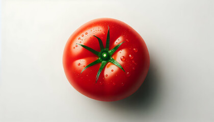  Vegetables A top-down close-up of a single ripe, red tomato with a green stem, centered on a plain white backgr4