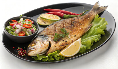 Plate with delicious sea bass fish fried

