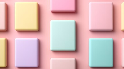 Colorful Pastel Square Tiles Arranged on a Soft Pink Background for Creative Background or Design Use