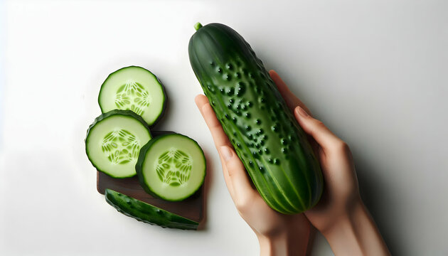  Vegetables A top-down view of a cucumber sliced into three pieces, with the whole cucumber resting beside it, s4