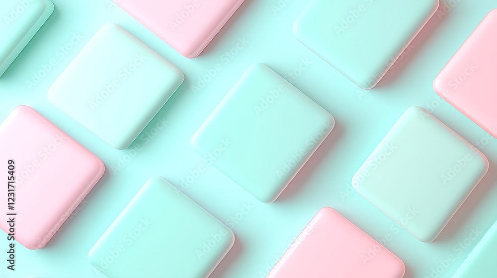 Poster colorful pastel tiles arranged in a geometric pattern on a soft mint background for modern design pr