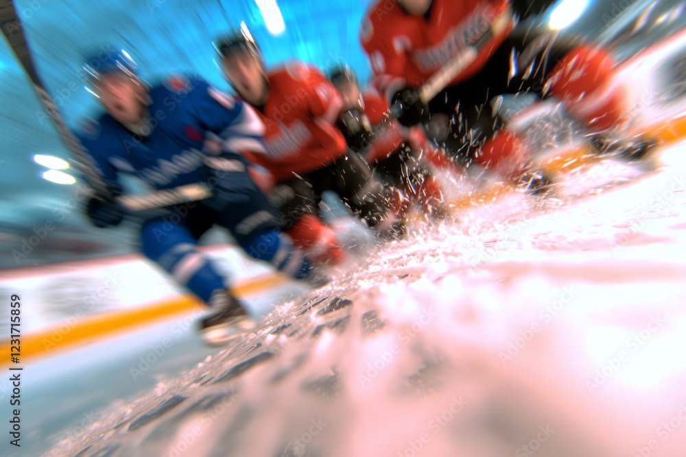 Aufkleber a dynamic angle of a hockey net with players in mid-action behind it, the fast-paced motion slightly