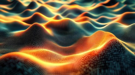 Obraz premium Abstract digital wave landscape, glowing orange, dark background, tech visualization
