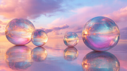 Iridescent Spheres on Reflective Surface at Sunset