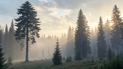 Dense fog covering mystical pine forest at dawn, creating enchanting atmosphere. sunlight filters through trees, enhancing serene beauty