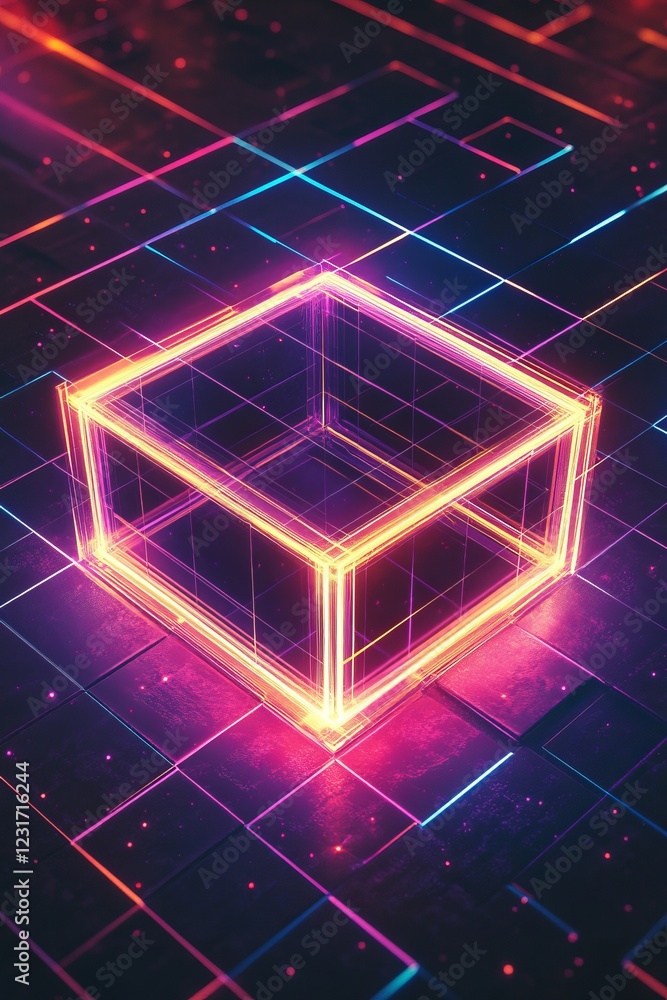 Poster futuristic neon cube with glowing lines on a digital grid background in vibrant colors