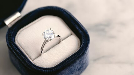 Naklejka premium A sparkling diamond ring nestled in a plush blue velvet box, symbolizing elegance and commitment.