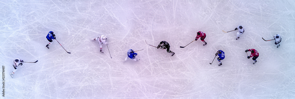 Poster a top-down viewpoint revealing the hockey net in sharp detail, with quick-blur players darting acros