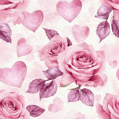 Delicate pink roses and hearts create romantic watercolor pattern, perfect for various designs, seamless design