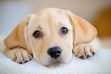 Adorable labrador puppy relaxing on soft blanket
