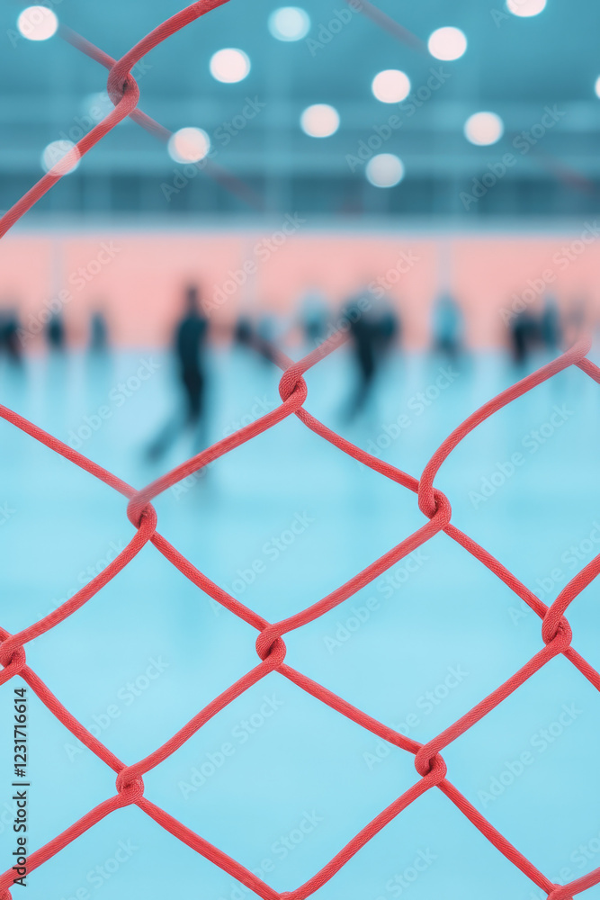 Poster a horizontal composition featuring the netâ€™s red frame in the foreground, skaters hustling in a so