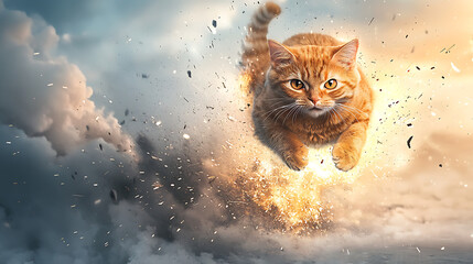 Fototapeta premium A cat is flying through a cloud of debris