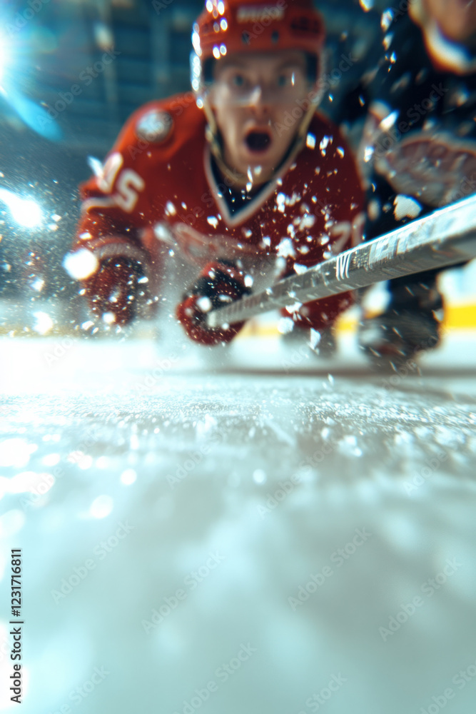 Poster an action freeze-frame capturing a flying puck about to hit the net, the rinkâ€™s background softly 