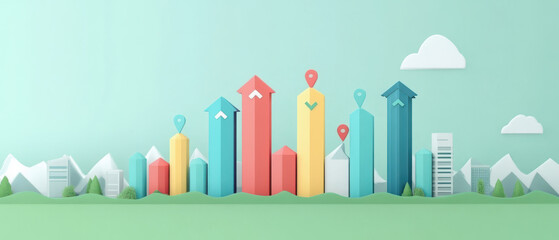 Colorful graph showing business growth and progress with arrows and buildings