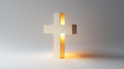 Fototapeta premium A simple wooden cross with a soft, warm glow emanating from it, set against a pure white background, symbolizing the spiritual significance of Easter.