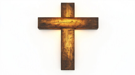 A simple wooden cross with a soft, warm glow emanating from it, set against a pure white background, symbolizing the spiritual significance of Easter.