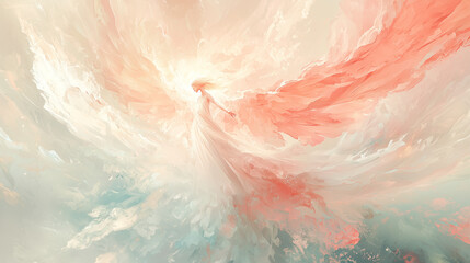 An angelic figure in soft, flowing robes, bathed in a gentle, glowing light. Its delicate wings and a pastel-hued background evoke peace, protection, and spiritual grace.
