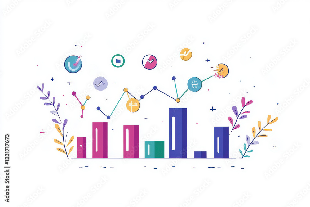 Poster visual representation of business goals with colorful graphs and icons, symbolizing growth and progr