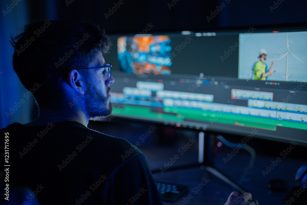 Fototapete young editor focuses on video clips while working late at night in a modern editing suite