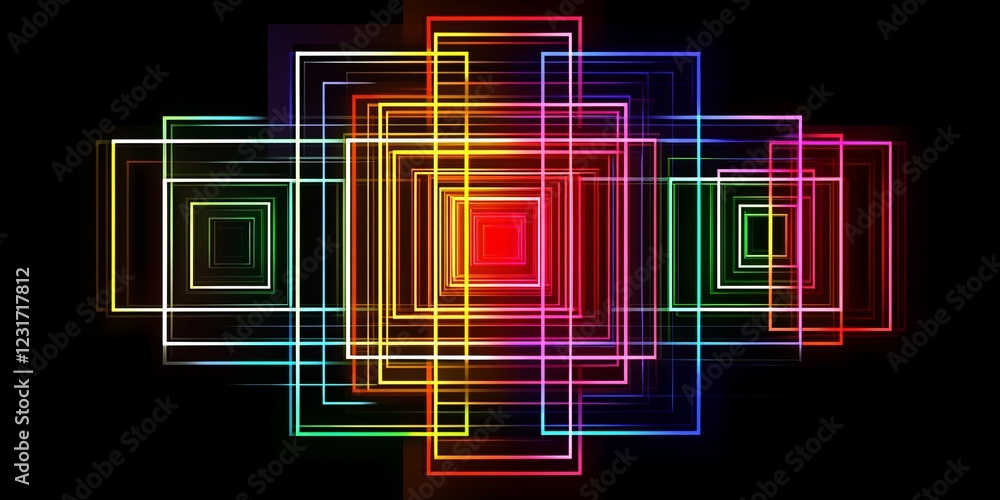 Poster abstract geometric pattern with vibrant neon colors and overlapping rectangles on black background