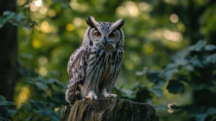 Fototapeta premium Majestic owl perched on a tree stump against a blurred forest background showcasing its patterned feathers