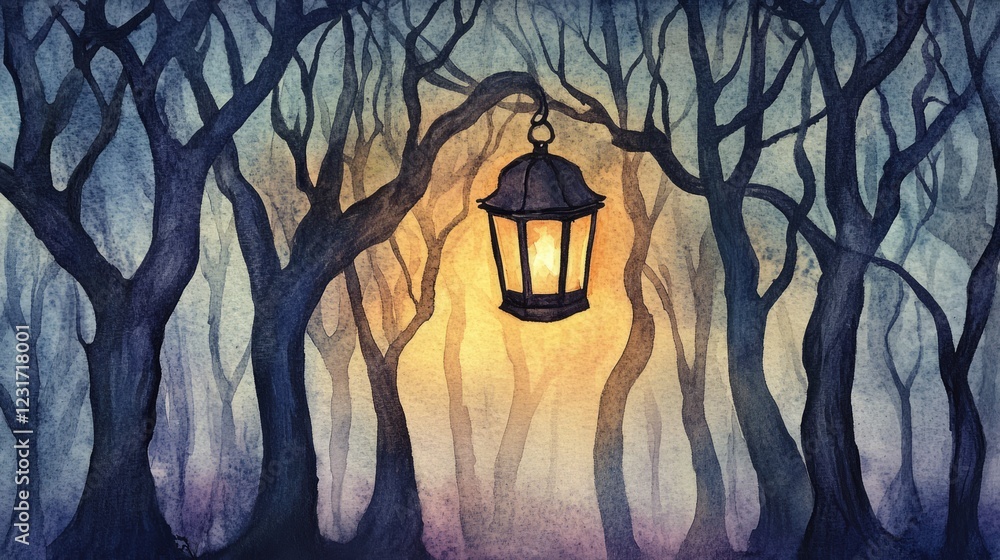 Poster a glowing lantern hanging amidst a mystical forest of twisted trees, creating an enchanting and drea