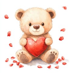 Naklejka premium A cute teddy bear holding a red heart, surrounded by rose petals, conveying love and warmth in a charming, whimsical style.