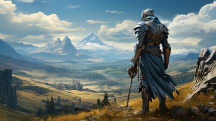 Knight surveys mountain valley kingdom, game concept art