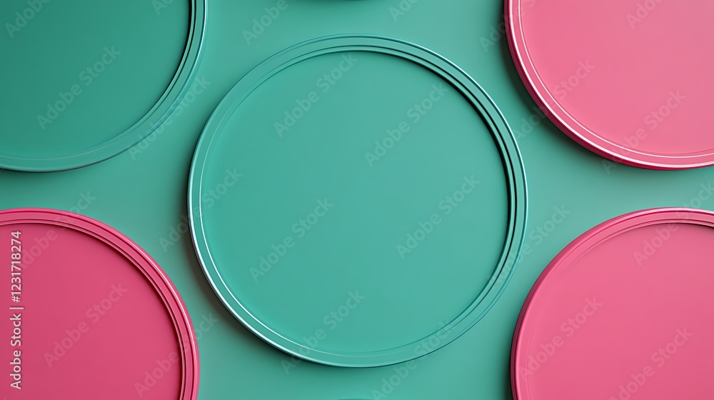 Poster colorful round plates in pink and teal arranged on a solid background for stylish table setting idea