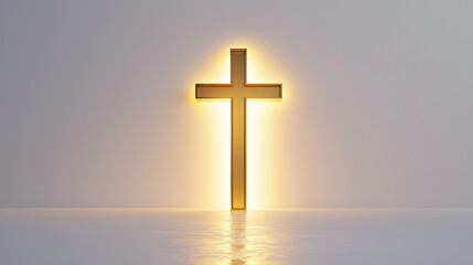 A minimalist golden cross with a soft, glowing halo around it, symbolizing the sacredness of the First Communion. The clean white background enhances the peaceful, reverent atmosphere.