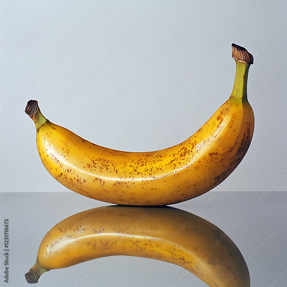 Poster realistic banana on reflective surface, showcasing its vibrant yellow color and natural speckles. sm